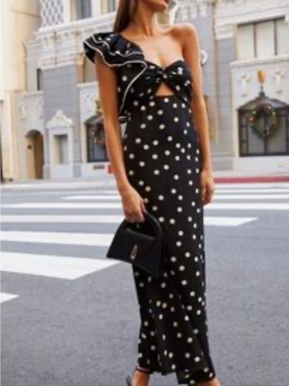 NWT Mable One-Shoulder Black Polka Dot Maxi Dress with Ruffle Shoulder